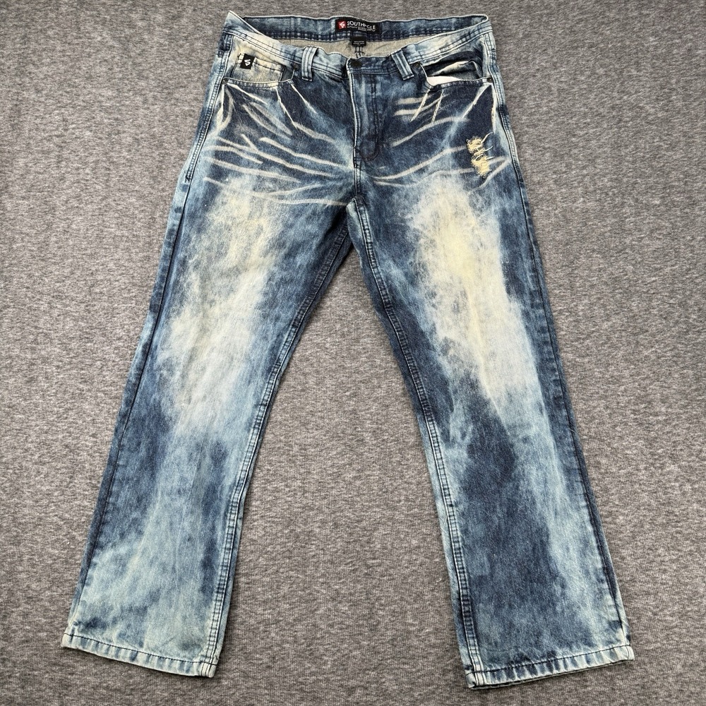 Southpole Denim Jeans Mens Size 36x30 Acid Wash Distressed Baggy Fit Blue Jeans